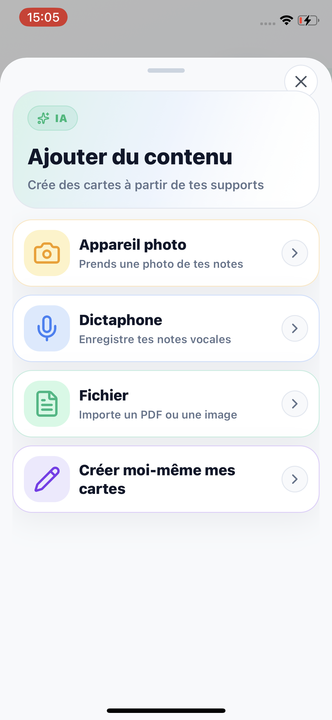 Ajout de contenu Synap depuis appareil photo, fichier ou création manuelle