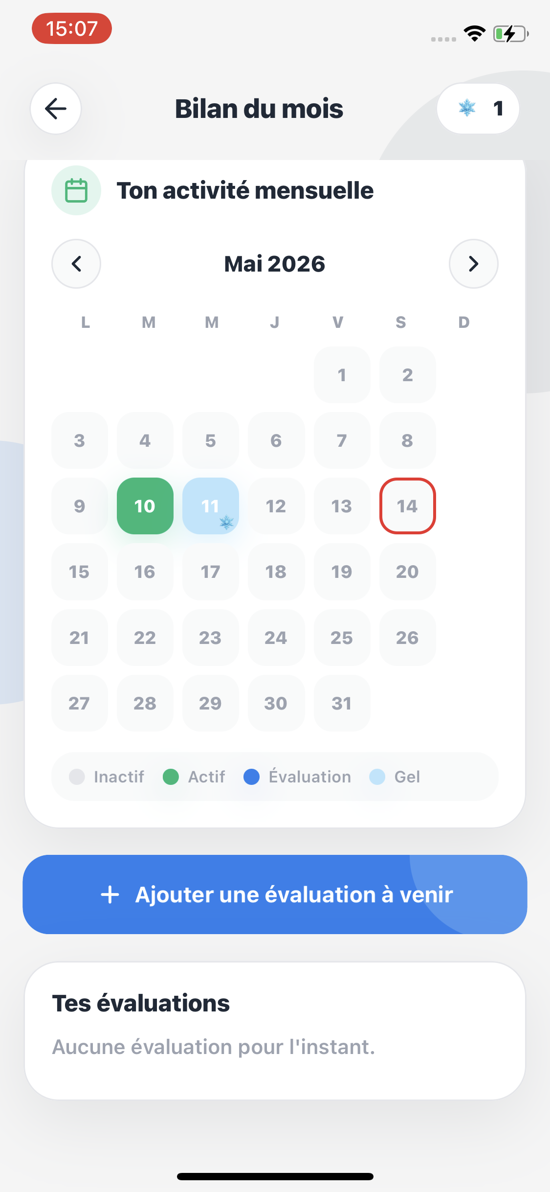 Calendrier Synap avec activité et sessions planifiées