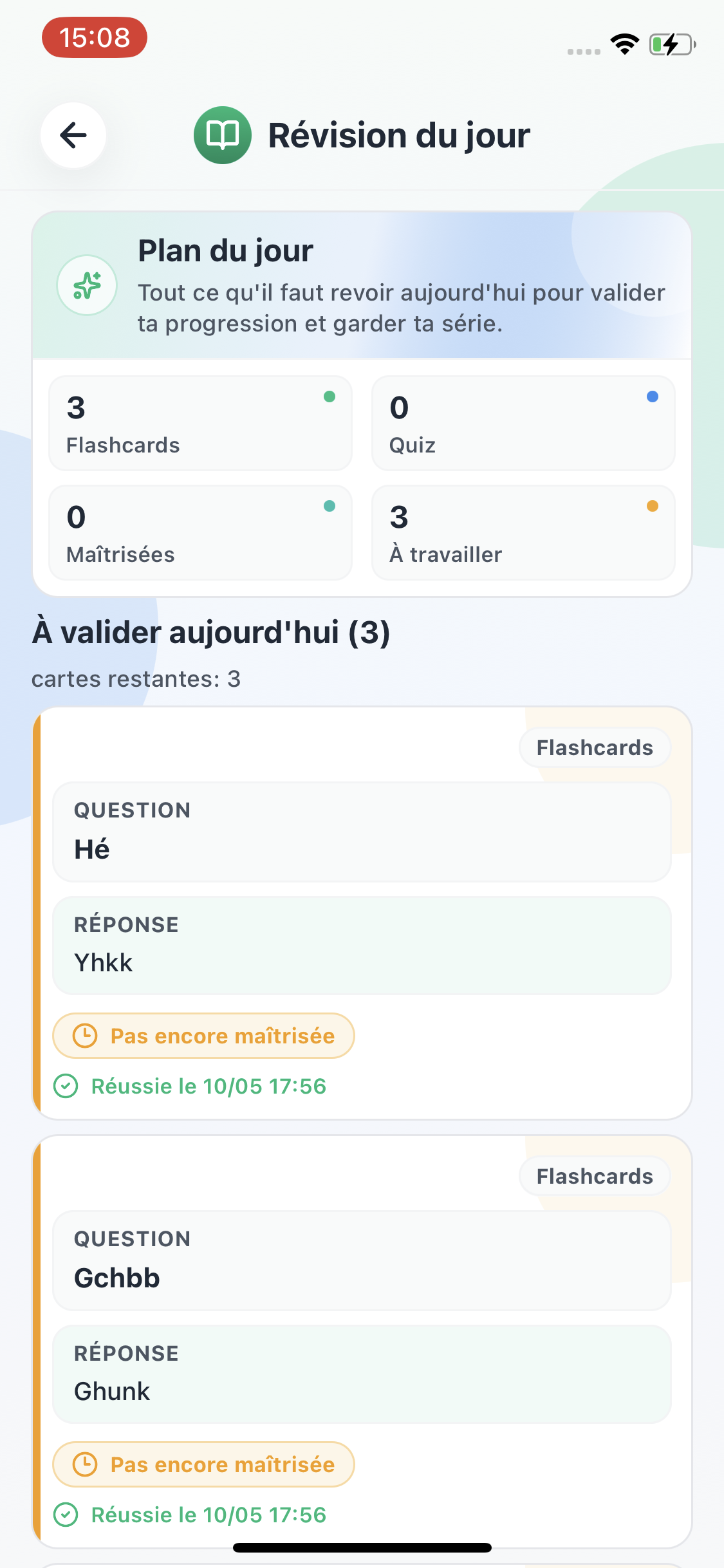 Session de révision Synap avec cartes à valider